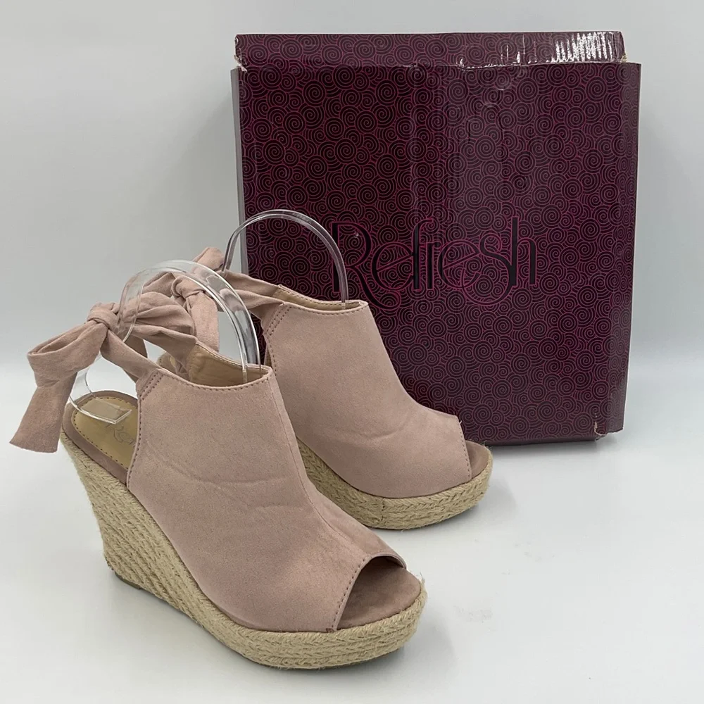 Refresh EUC Miya Pink Suede Espadrille Wedges Ribbon Tie Back Open Toe Size 8.5